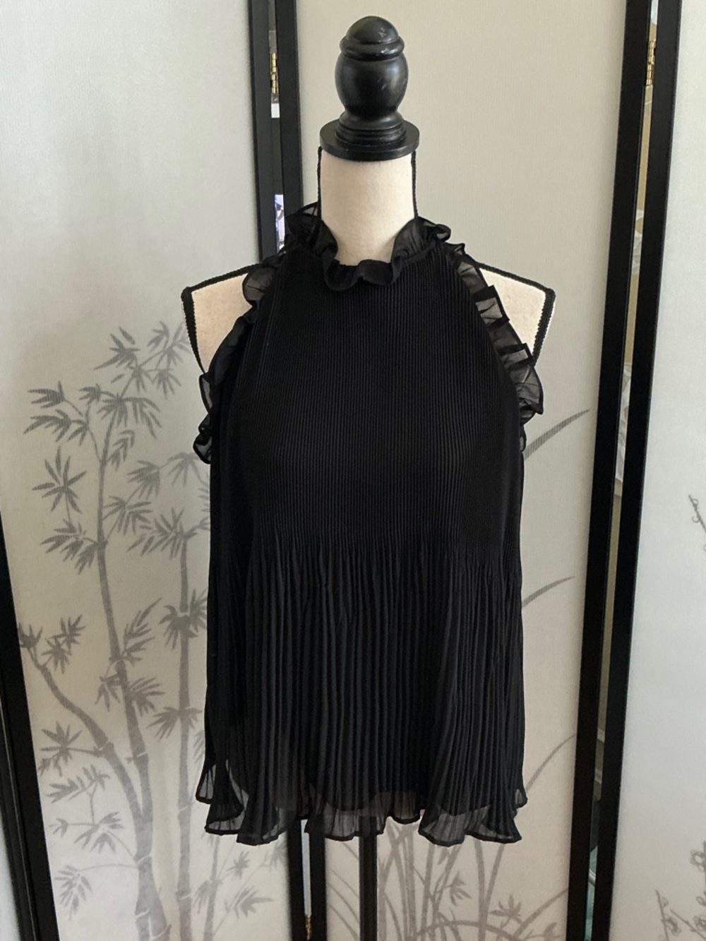 Zara Black Ruffle Halter Pleated Tank Top